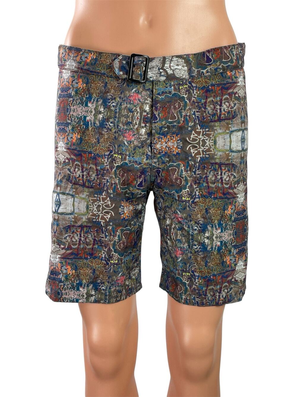 Paste Womens Multicolor Abstract Print Belted Slim Straight Bermuda Shorts Sz 30